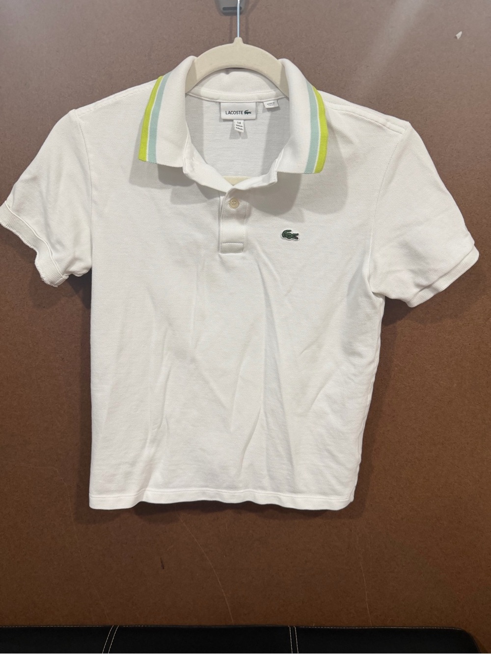 Lacoste Kids White Polo with lime & lemon Collar Stripes 13/14